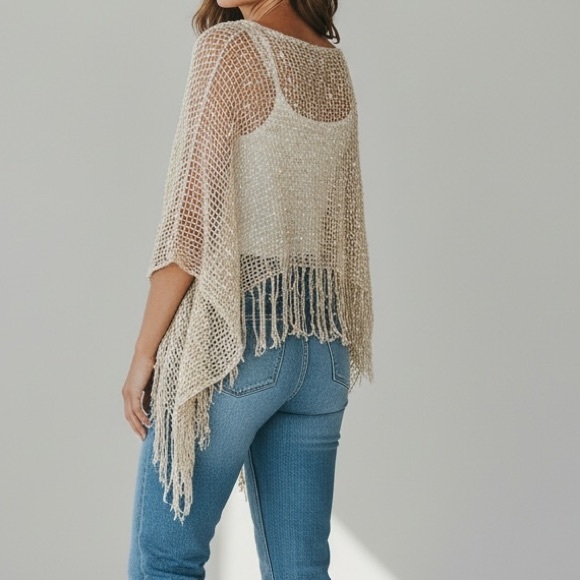 Women’s Fringe Sweater Cover Up in Cream - Picture 3 of 5